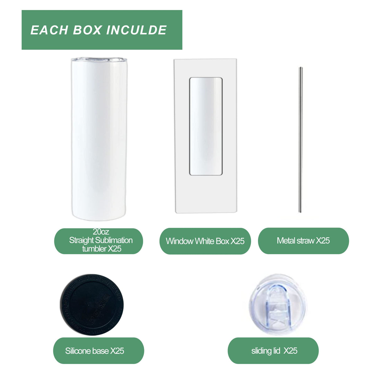 25pack sublimation straight tumbler bluk double wall stainless steel vacuum cup with metal straw and silding lid wholesale (white) WoodArtSupply