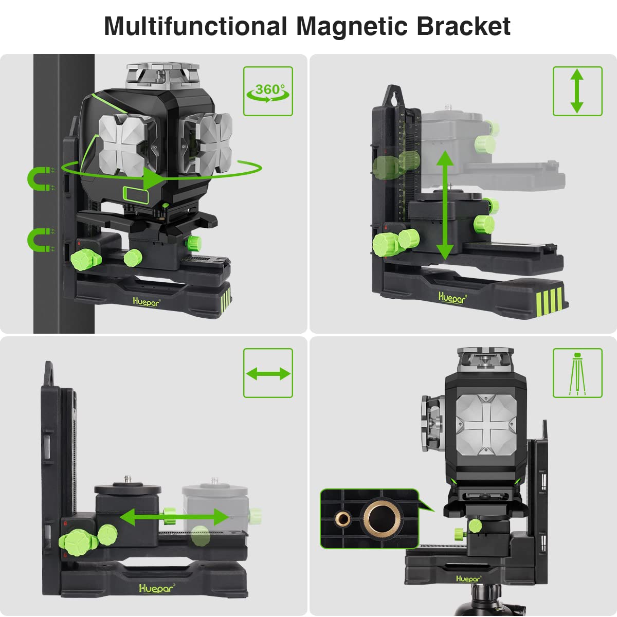 Huepar 16 Lines Self-Leveling Laser Level 4x360° Cross Line Laser with Receiver -LCD Screen, 4D Bluetooth Green Beam Tiling Floor Laser Tool, 360° Huepar