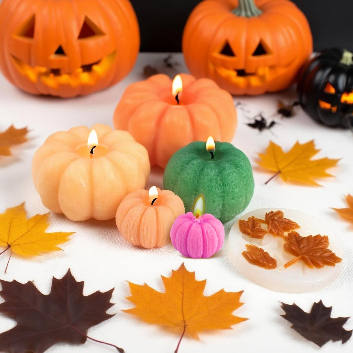 MGLIFEUL 6 pcs Upgrade Large Halloween Pumpkin Maple Leaf Candle Silicone Candle Mold with Wax Core, Halloween Fall Pumpkin Candle Resin Soap Molds Silicone Suitable for Businesses or households MGLIFEUL