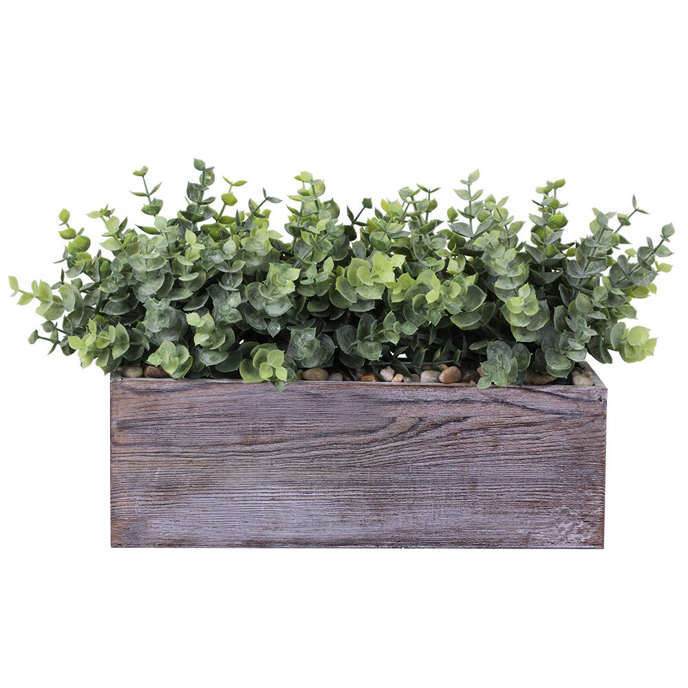 Faux Eucalyptus Plants in Rustic Rectangular Wood Planter Box Artificial Eucalyptus Greenery Arrangement Potted Plant in Dusty Green for Wedding Centerpiece Office Room Table Windowsill Décor Winlyn