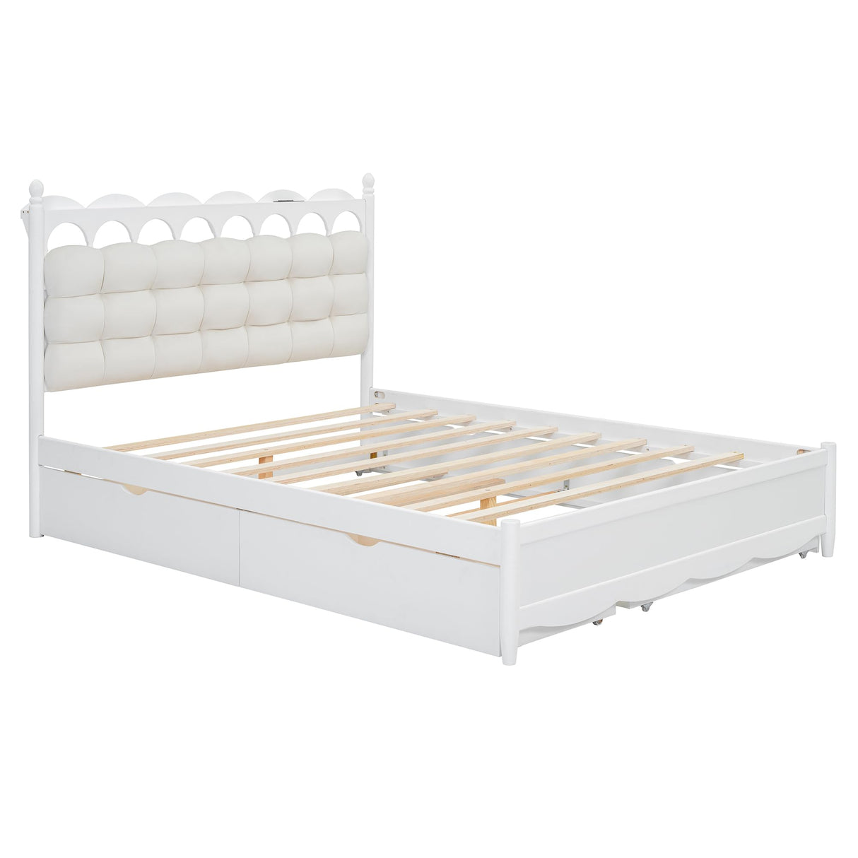Merax Queen Size Wooden Storage Platform Bed with 2 Big Drawers, Twin-XL Size Trundle, One Set of Sockets & USB Ports, Square Velvet Upholstered Headboard, White Merax