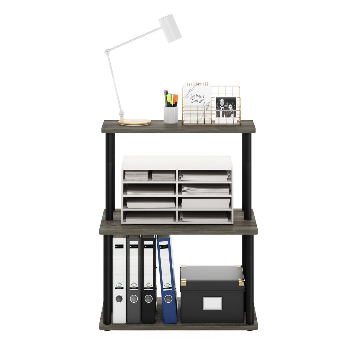 Furinno Turn-N-Tube 3-Tier Toolless Multipurpose Printer Stand Display Storage Shelf, French Oak Grey/Black Furinno