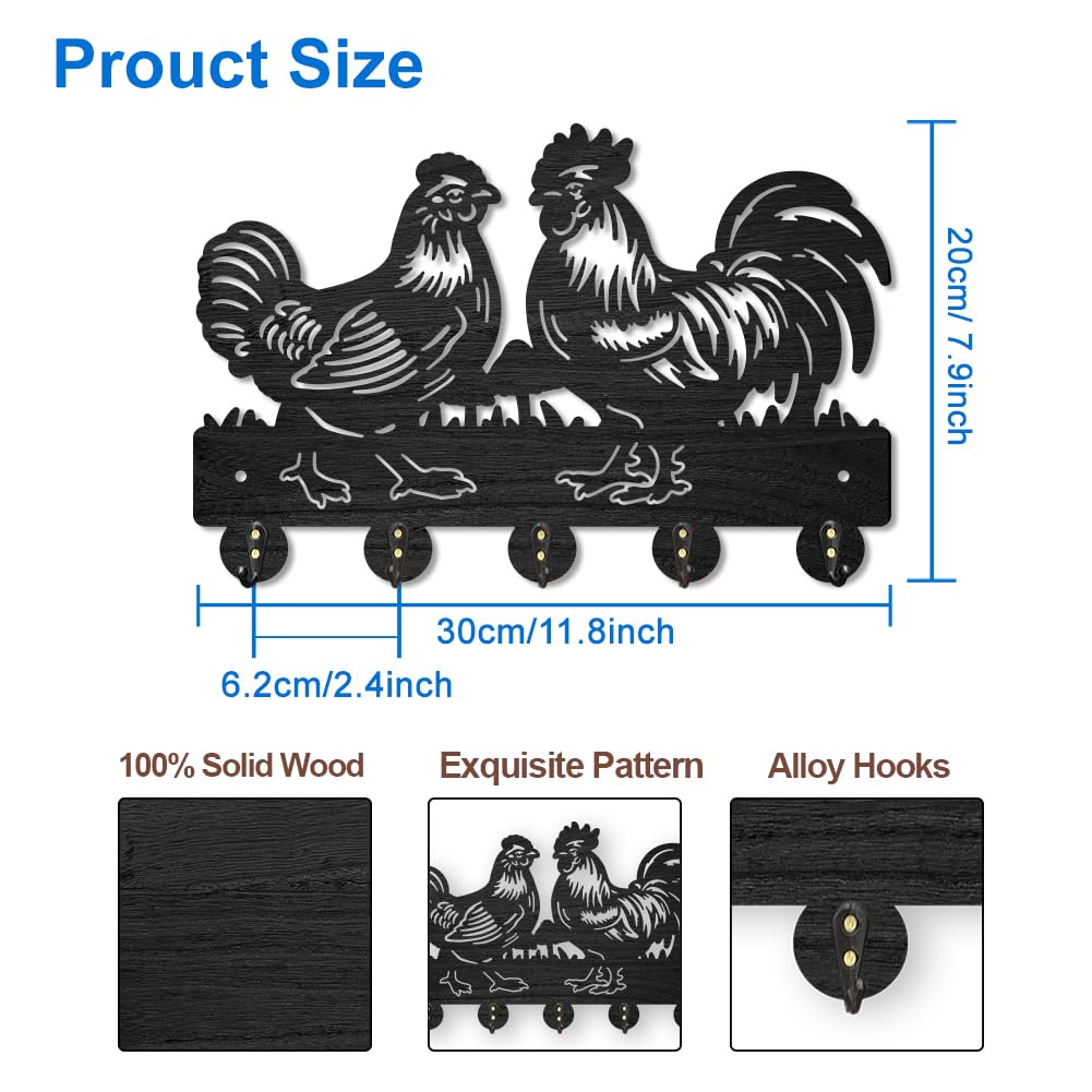 MAYJOYDIY Rooster Hen Coat Hooks Wall Mount Wood Farmhouse Animal Mushroom Key Holder for Wall 11.8×7.9inch Decorative Key Rack 5 Alloy Hooks for Gift Hallway Entryway Kitchen Farm Decor MAYJOYDIY