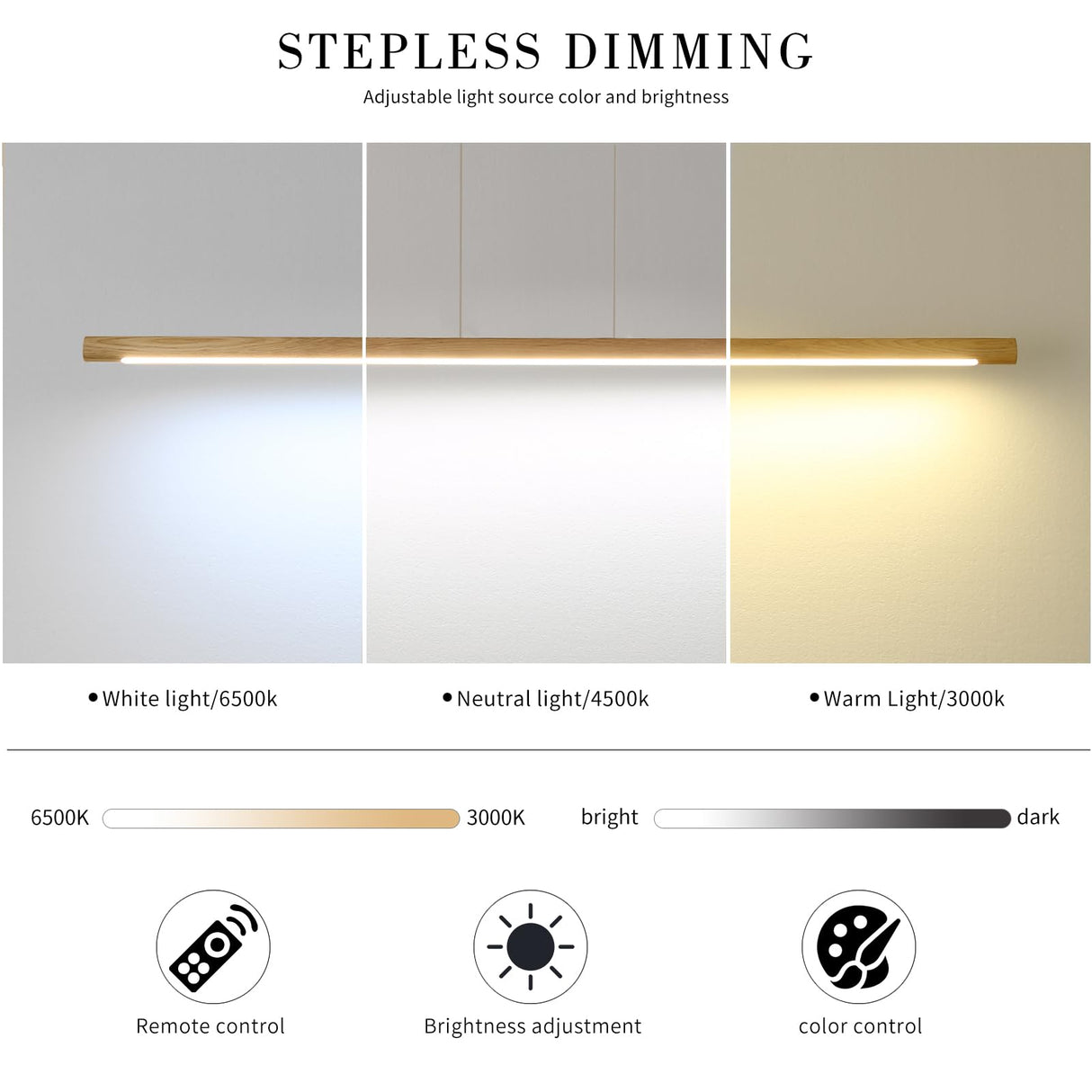 Mikeru Wooden Linear Pendant Light,Modern Chandelier Hanging Light with Remote Dimming 3000k-6000k, Ash Wood LED Pendant for Dining Room, Kitchen Island (47in, Round) Mikeru