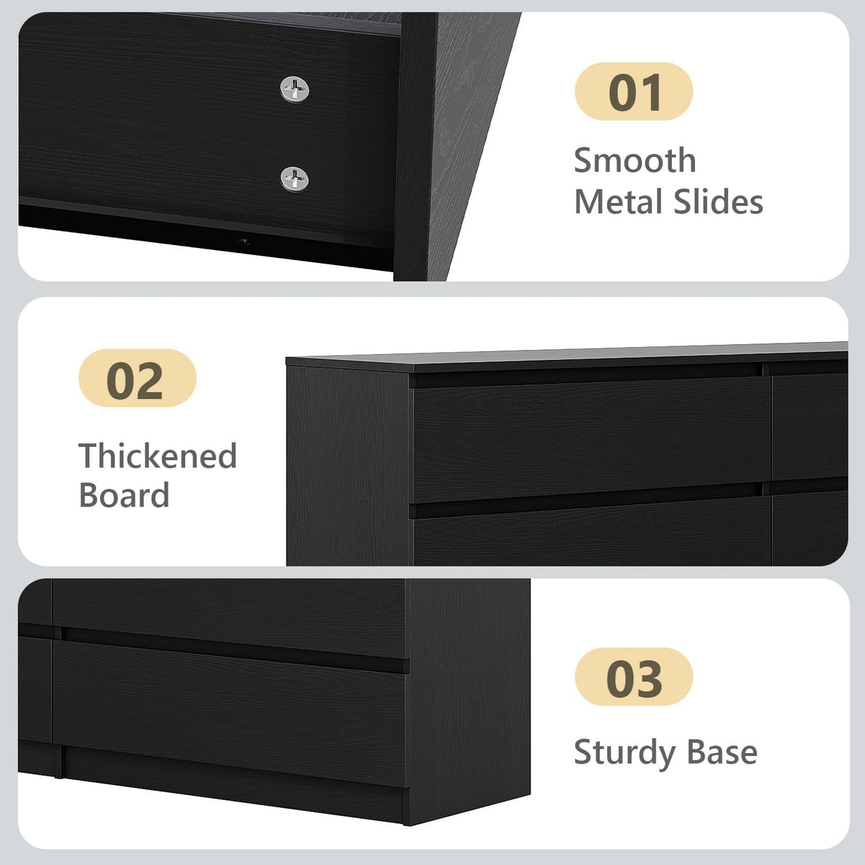 Modern 59'' Black Dresser for Bedroom, 6 Drawer Dresser with Minimalist Design, Thickened Panel & Smooth Metal Slides, Wood Long Chest of Drawers, Large Storage Wooden Dressers for Bedroom HarmonyHues