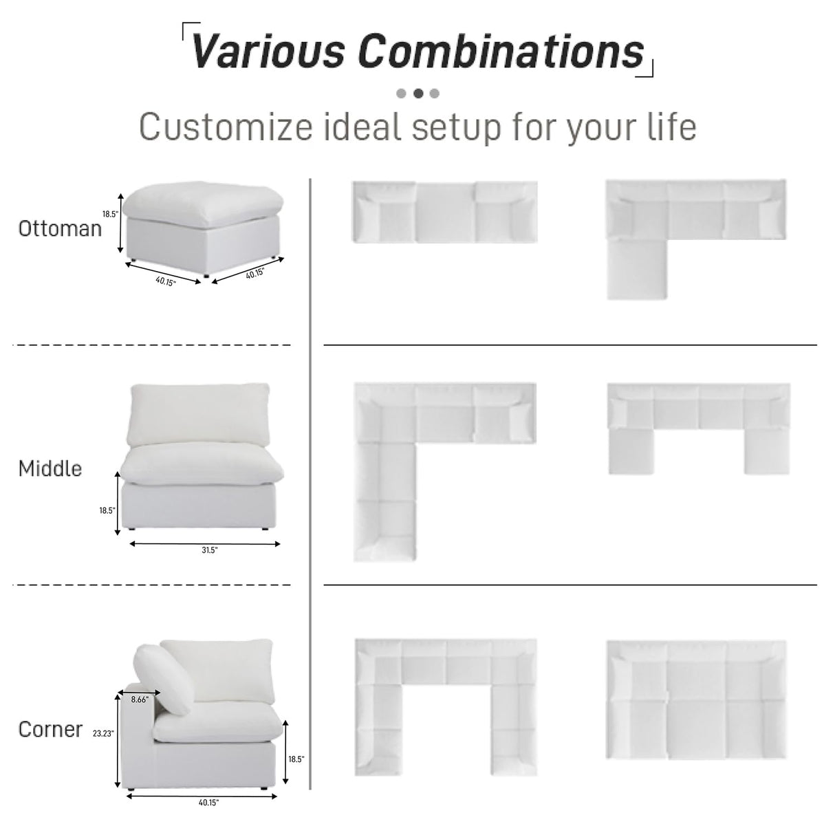 Cloud Modular Sectional Sofa with Storage Ottoman,120.45" L Shaped Couch for Living Room,Down Filled Convertible Couch Deep Seat for Office Apartment,Covers Washable&Replaceable,White WJShome