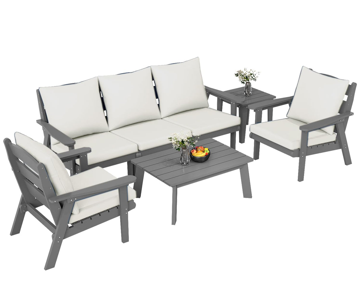 FOOWIN 7-Piece Patio Furniture Set, HDPE All-Weather Outdoor Conversation Set with Thick Cushions, Sectional Patio Sofa Furniture for Deck, Porch, Lawn, Garden, Grey Frame & White Cushion FOOWIN