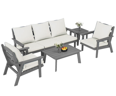 FOOWIN 7-Piece Patio Furniture Set, HDPE All-Weather Outdoor Conversation Set with Thick Cushions, Sectional Patio Sofa Furniture for Deck, Porch, Lawn, Garden, Grey Frame & White Cushion