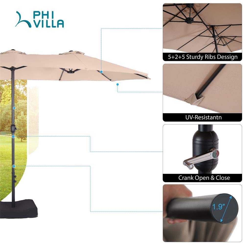 PHI VILLA 15ft Large Patio Umbrella Double-Sided Outdoor Market Pool Umbrellas with Crank, Umbrella Base (Stand) Included(Beige) PHI VILLA