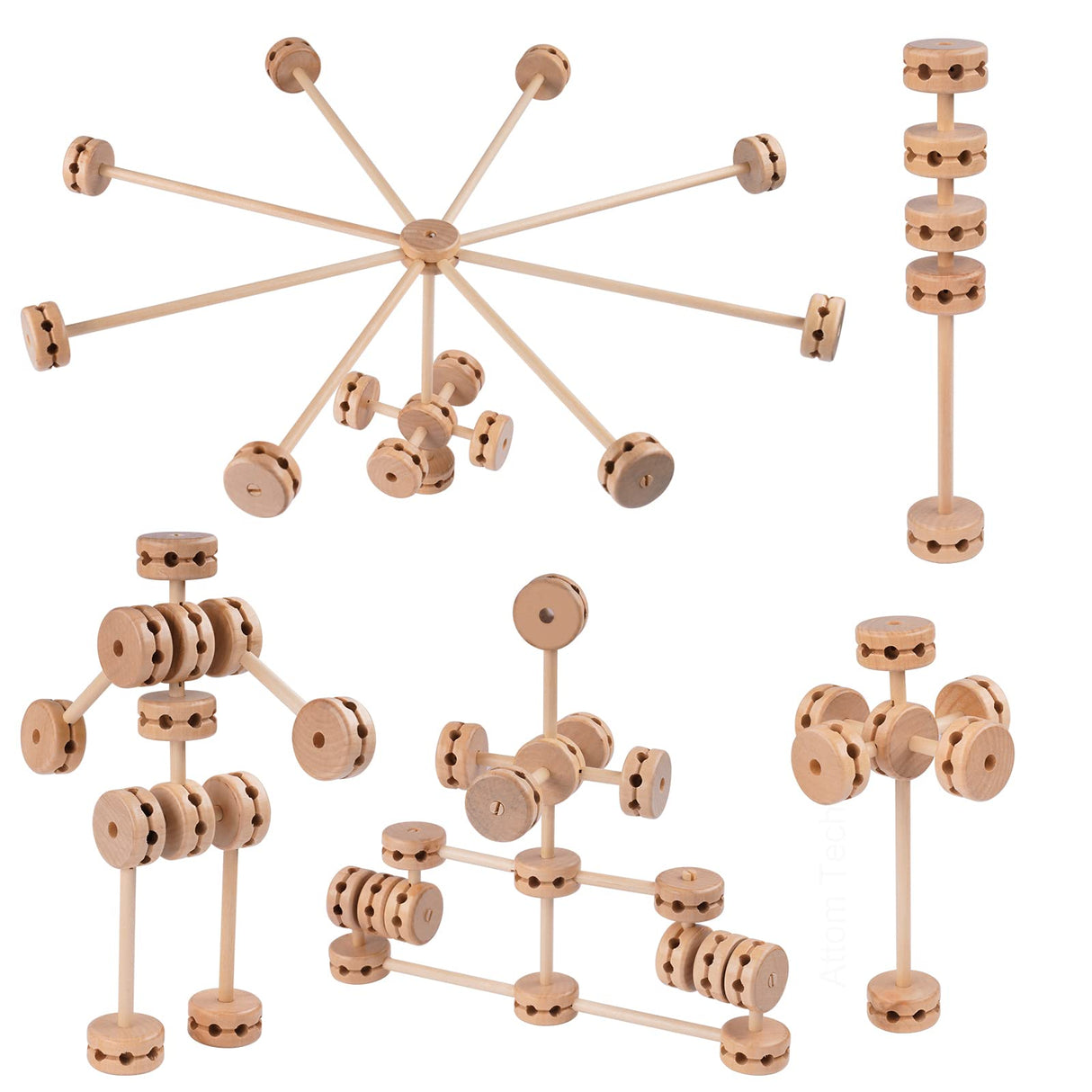 NiToy Wooden Building Blocks 60PCS Montessori STEM Toy for Kids 6+, Natural Wood Splicing Joints and Sticks Educational Sensory Tinker Creative 3D Playset Stacking Game NiToy