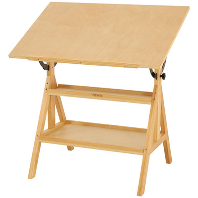 VISWIN Wood Drafting Table for Adults, Drawing Table with Adjustable Angle & 2-Tier Storage Racks for Art Studio, Solid Pine Wood Artist Desk for Drawing, Drafting, Writing, Reading, Sketching