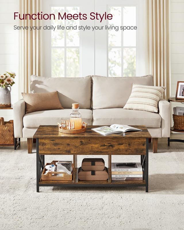 VASAGLE Lift Top Coffee Table with Storage Shelf and Hidden Compartments, 19.7 x 39.4 x (19.3-24.4) Inches, Rustic Brown and Black VASAGLE
