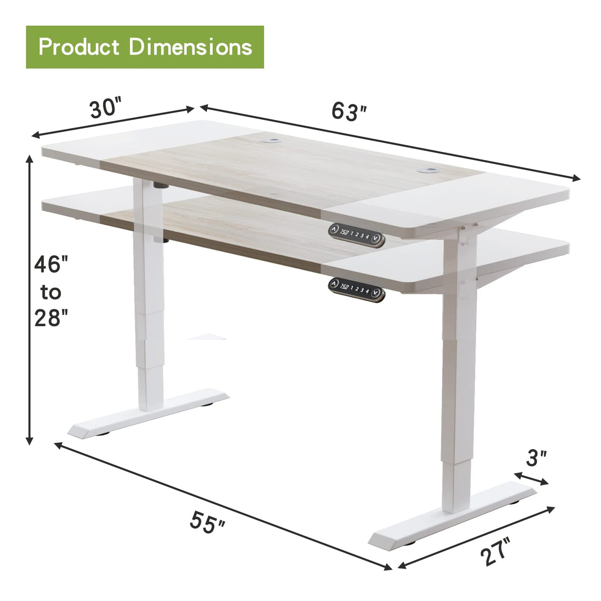 Radlove Electric Standing Desk, 63 x 30 Height Adjustable Computer Desk Sit Stand Desk Home Office Computer Standing Table Ergonomic Desk with Splice Board White Frame + 63 x 30'' White+Oak Top Radlove