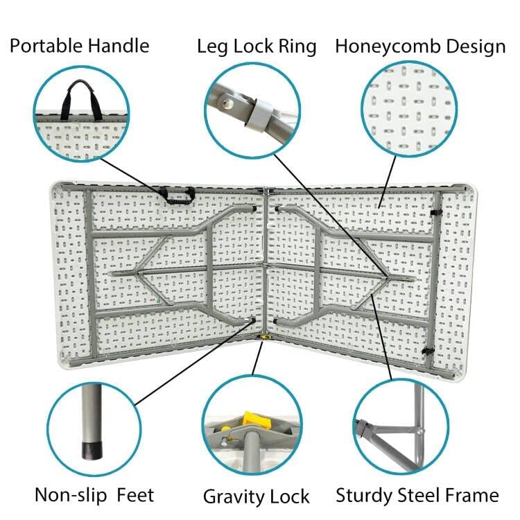 Go-Trio 6 Foot Folding Table 6ft Foldable Portable Plastic Tables for Party, Fold-in-Half Heavy Duty Table, 6’ Utility Dining Card Long Table, Indoor Outdoor Fold up for Picnic, Camping, White, Large Go-Trio