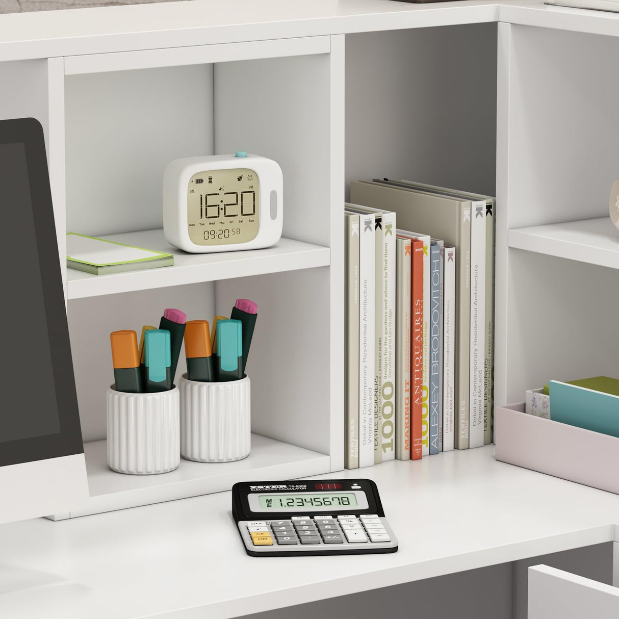 Hitow Modern Reception Desk Counter Table, L-Shap Reception Room Front Desk with Lockable Drawer & Open Shelves, Retail Counter for Salon Checkout Office, White (55.9" W x 32.3" D x 48.4" H) Hitow