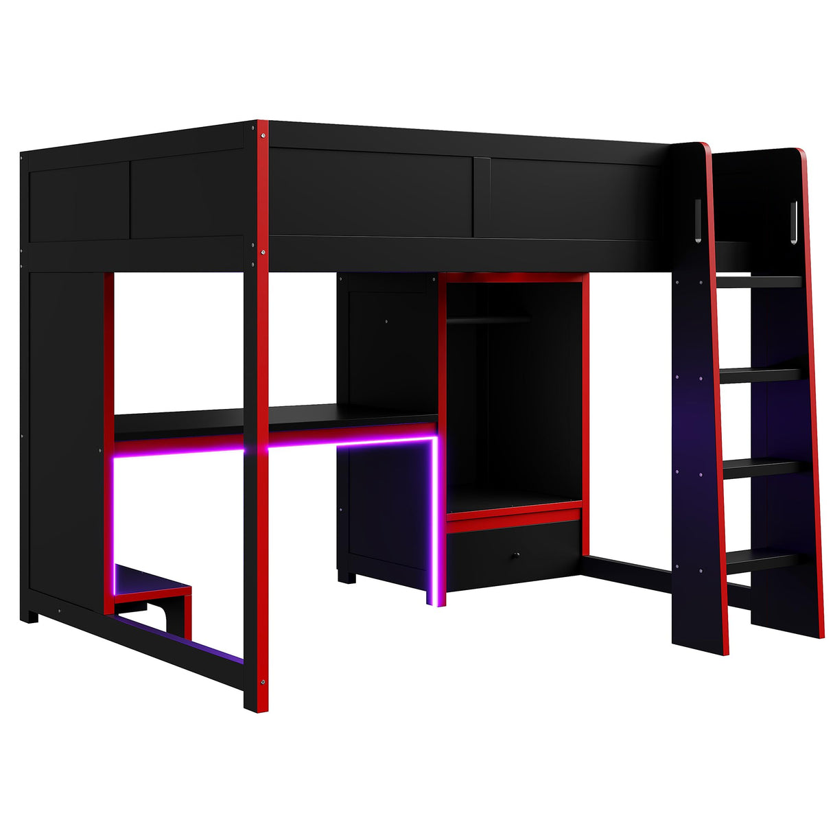 Ball & Cast Full Size Gaming Loft Bed with Built-in Desk,Wood Gamer Bed Frame w/Wardrobe and Drawer,Underbed Storage Space,Stairs,Full-Length Guardrail,Bedroom Furniture for Student Dorms,Black Ball & Cast