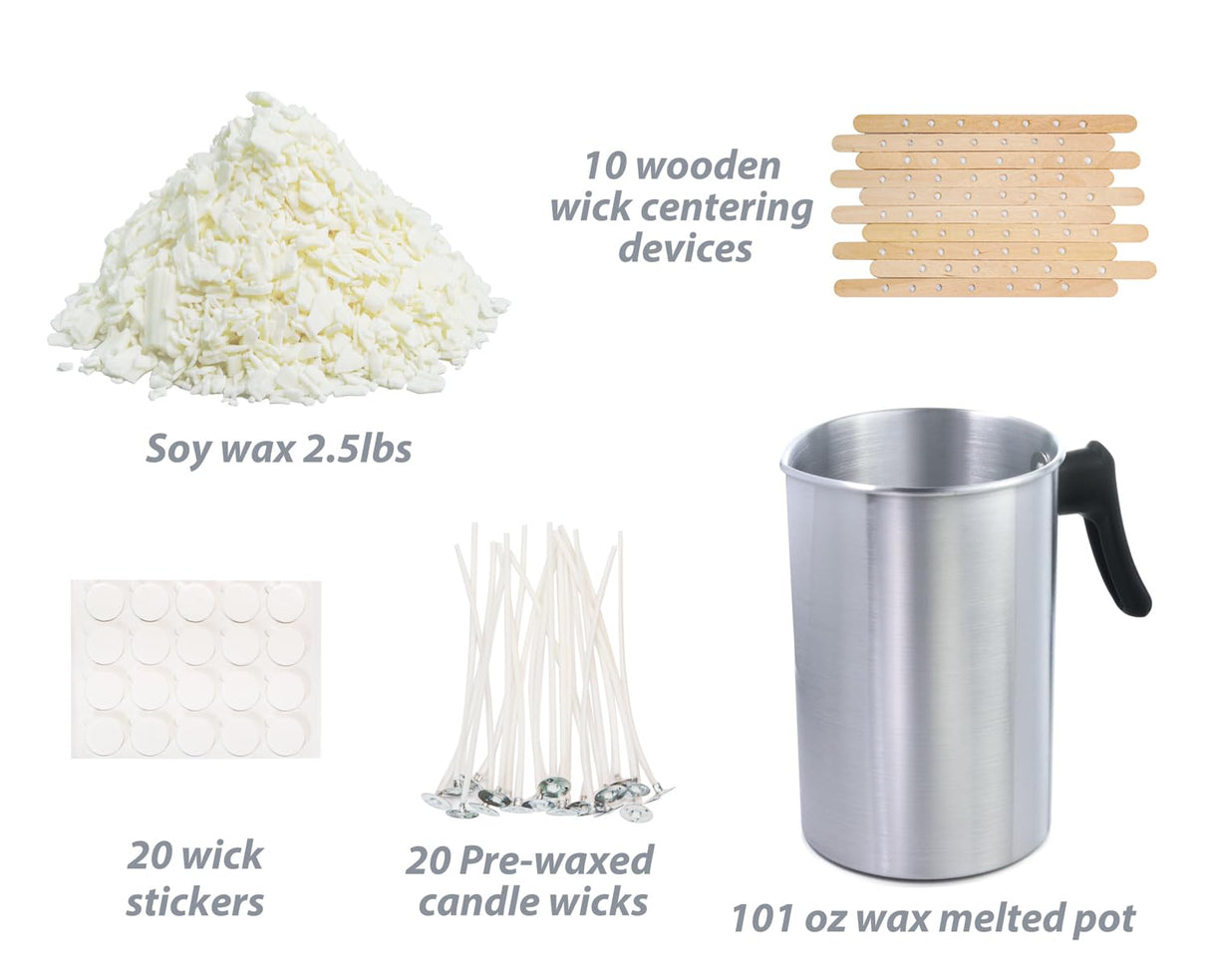 Candle Making Kit with Soy Wax Flakes, 2.5lb Candle Wax, 101oz Pouring Pitcher, Candle Wicks, Stickers, Centering Devices, Vegan Cruelty Free Aroparc