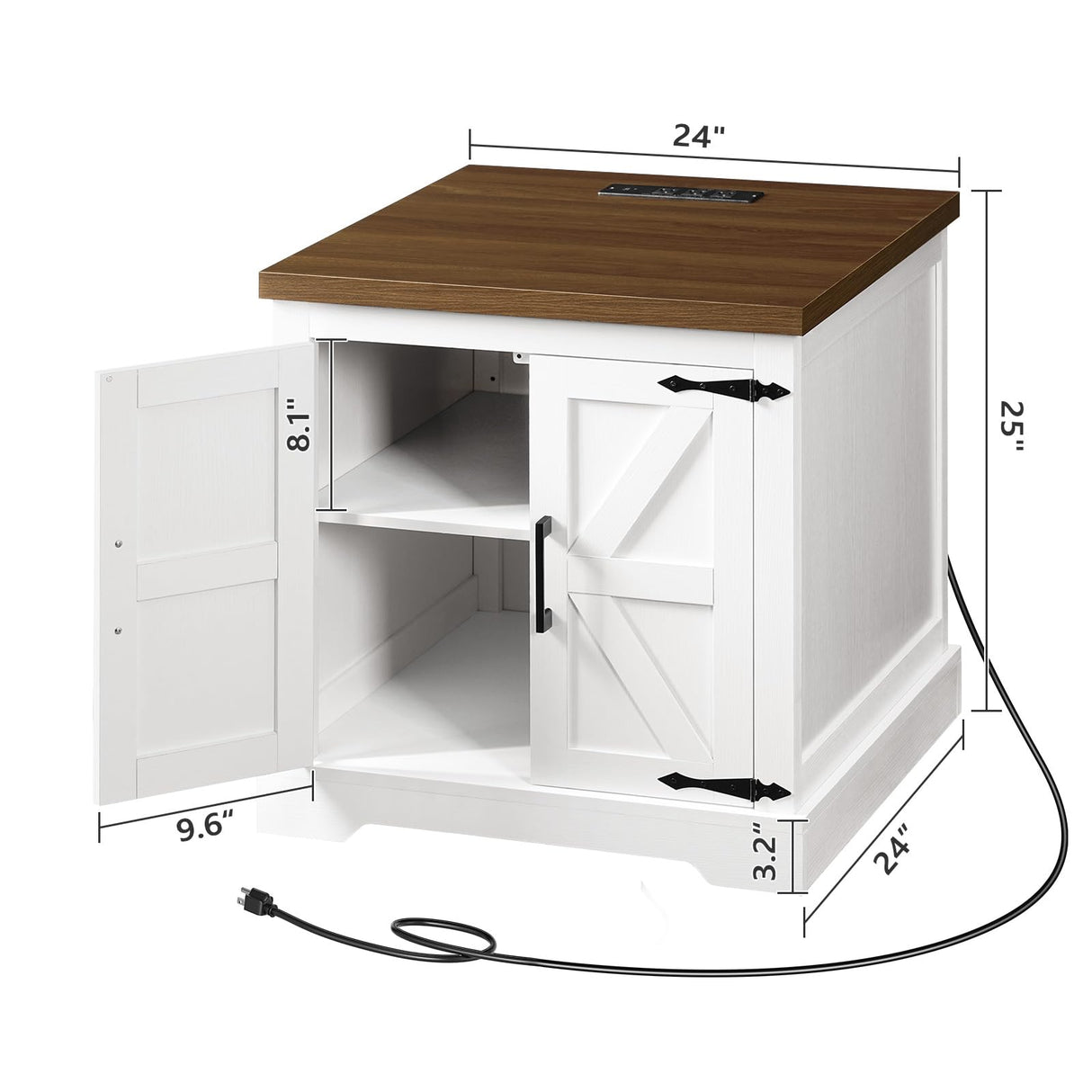 MAHANCRIS Farmhouse Nightstand with Charging Station, 24" Large End Table with Barn Door and Adjustable Storage Shelf, Square White Nightstand, Rustic Bedside Table for Bedroom, Living Room MAHANCRIS