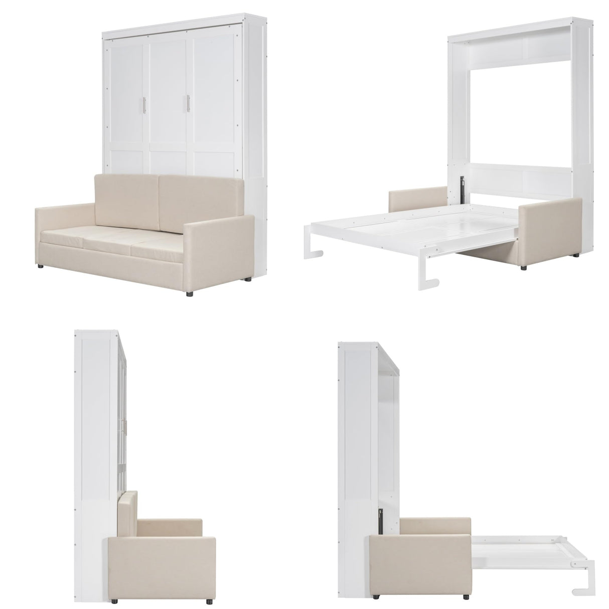 Merax Queen Size Murphy Bed, Foldable Cube Cabinet Platform Bedframe with Sofa, Wooden Slat Support for Guest Room, Study, Office, White Merax