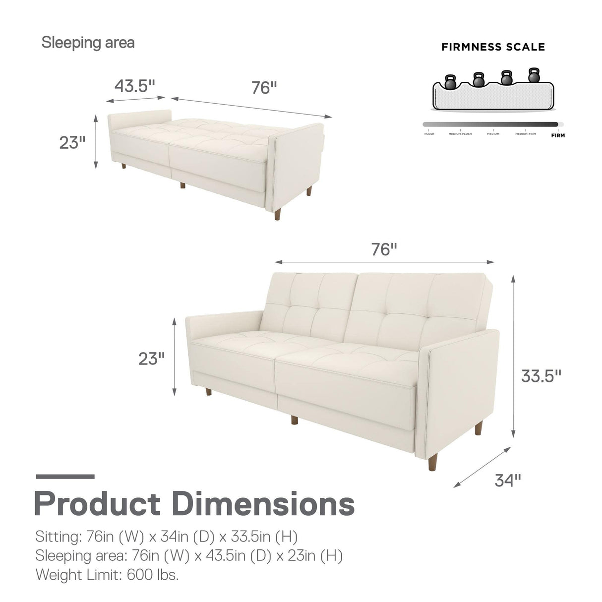 DHP Andora 76 Inch Futon Sofa Bed in Faux Leather, Modern Upholstered Couch Sleeper with Button Tufted Back and Seat, White DHP