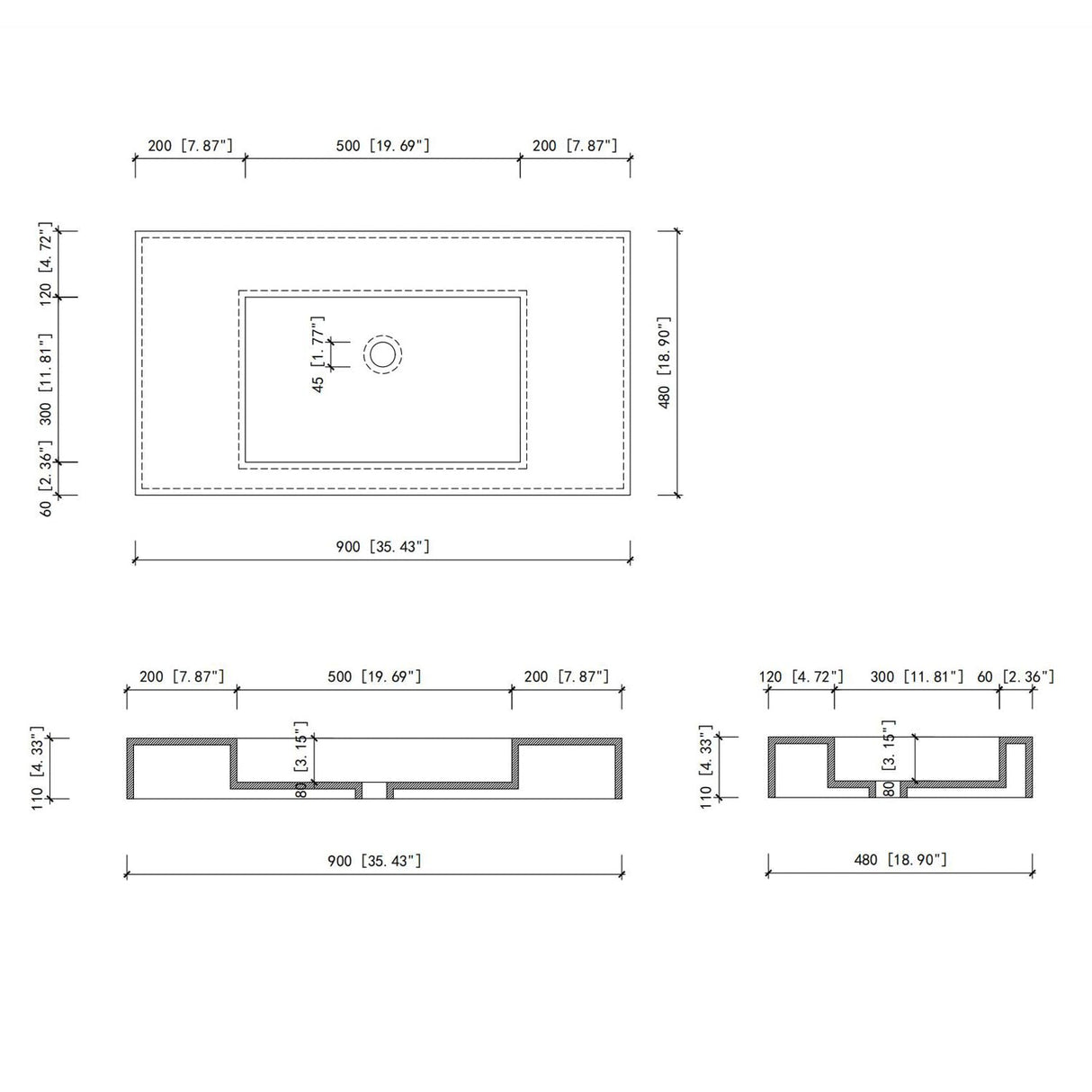 MEDUNJESS 35 inch Stone Resin Wall Mounted Floating Sink, Bathroom Vanity with Sink Solid Surface Bathroom Pedestal Sink Basin with No Hole, Matte White MEDUNJESS
