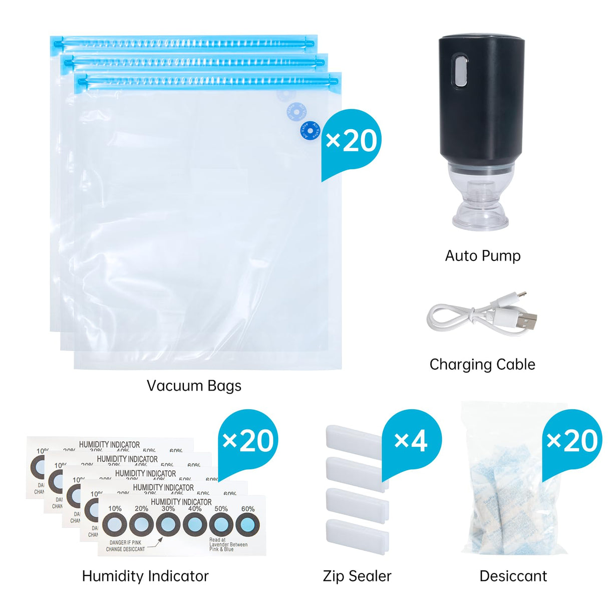 BIQU Filament Storage Bags Kit 65PCS, 20 PCs 3D Printer Filament Vacuum Bags With Auto Pump/Desiccants/Humidity Indicator/Sealing Clips, to Keep Filament Dry, Dust and Humidity Proof BIQU