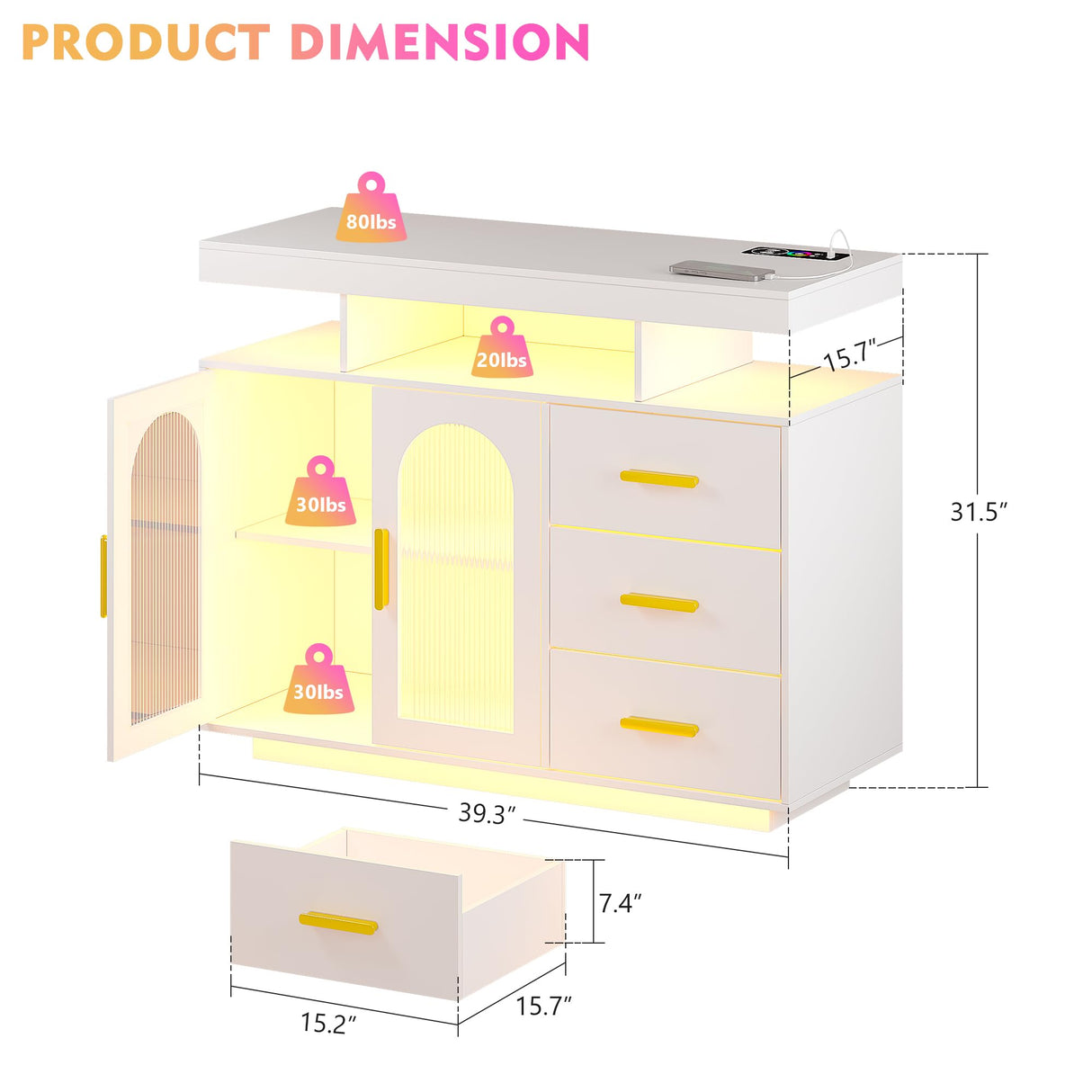 JDPAG Sideboard Buffet Cabinet with Wireless Charging Station 40", LED Side Board with 24 RGB Dimmable Lights, Coffee Bar Cabinet with 3 Drawers Storage for Kitchen, Living Room JDPAG