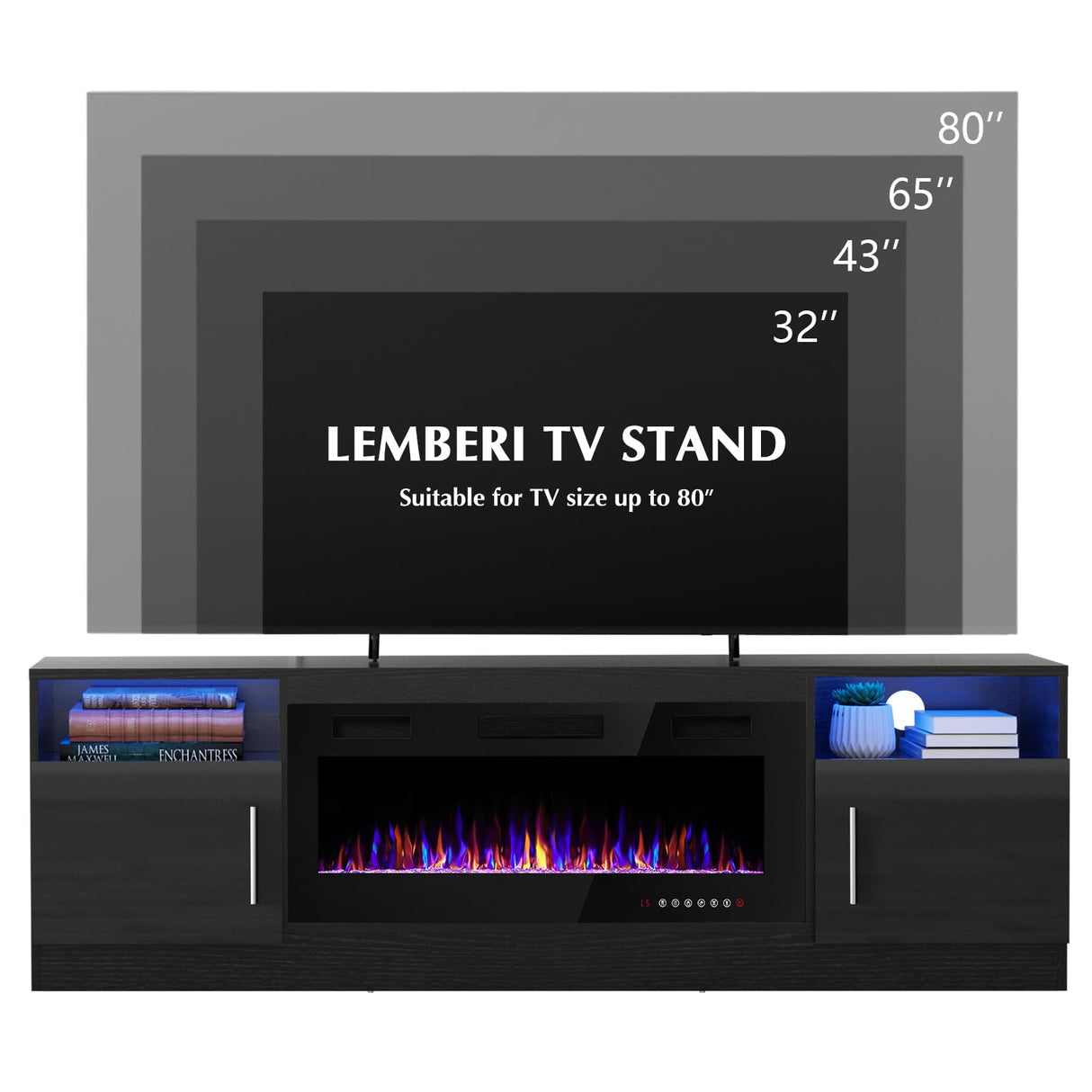LEMBERI Fireplace tv Stand with 36 inch Fireplace Up to 80" TVs,LED Light Entertainment Center and Storage, 70" Modern Wood Media TV Console with Highlight Cabinet for Living Room (Black) LEMBERI