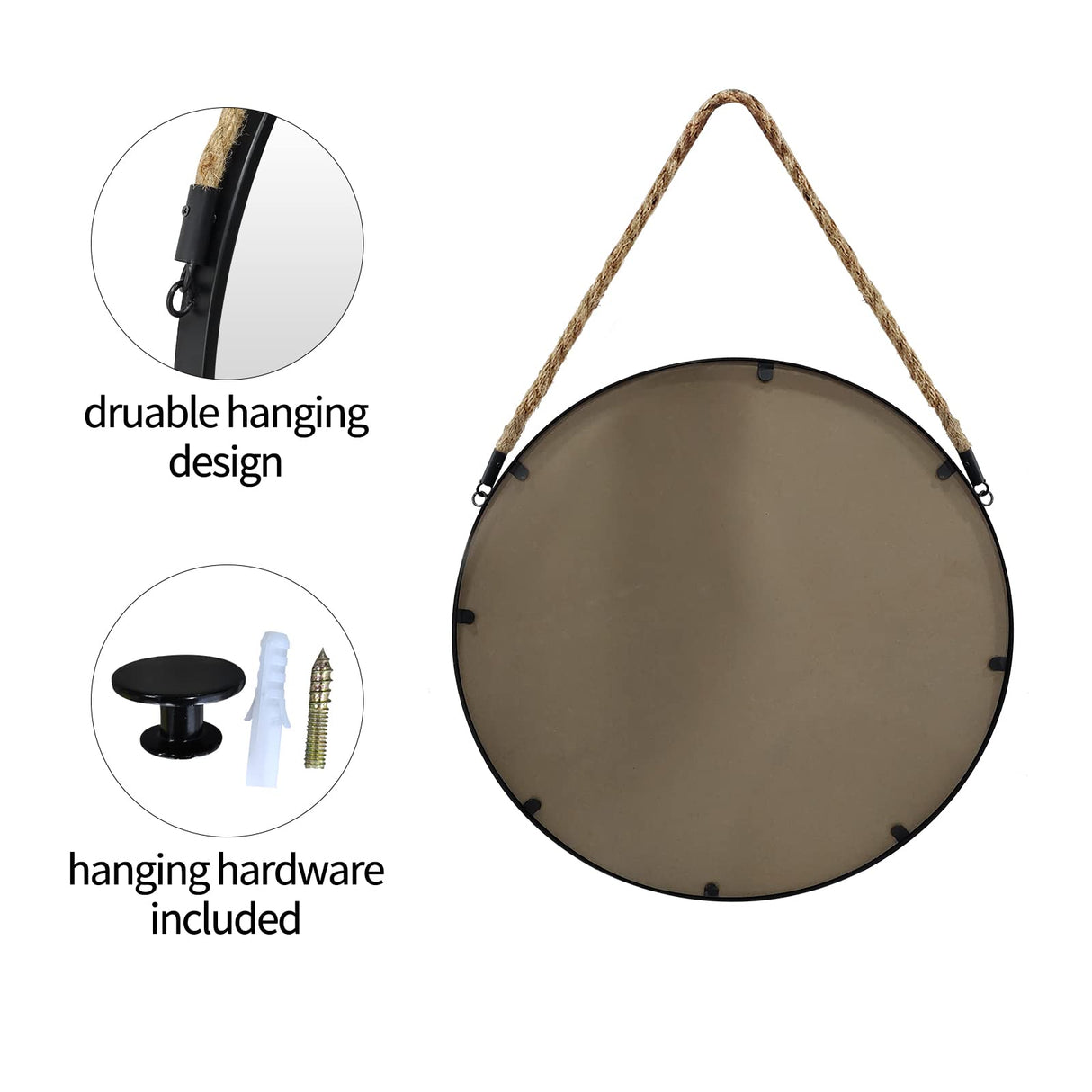 POZINO Round Mirror, 15" Rope Hanging Mirror, Farmhouse Circle Mirrors, Black Metal Frame Wall Mirrors for Bathroom, Bedroom, Living Room, Entryway, Fireplace, Home Decor POZINO