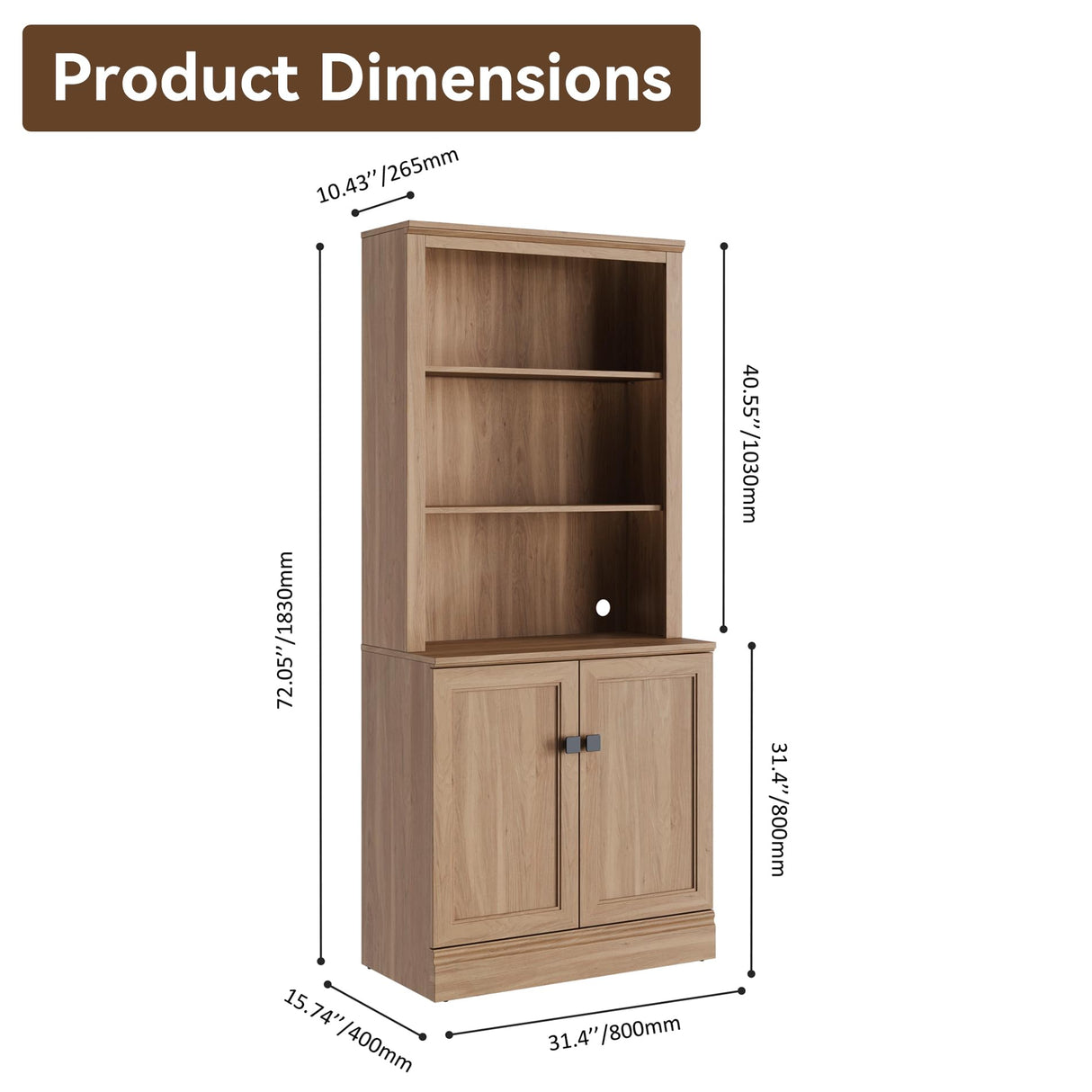FENSULN 72 in Tall Bookshelf 5 Tiers Bookcase with Adjustable Shelves, Oak Bookcase with Storage Cabinet, Wood Freestanding Display Bookshelves for Home Office,Bedroom, Living Room(Pack 2) FENSULN