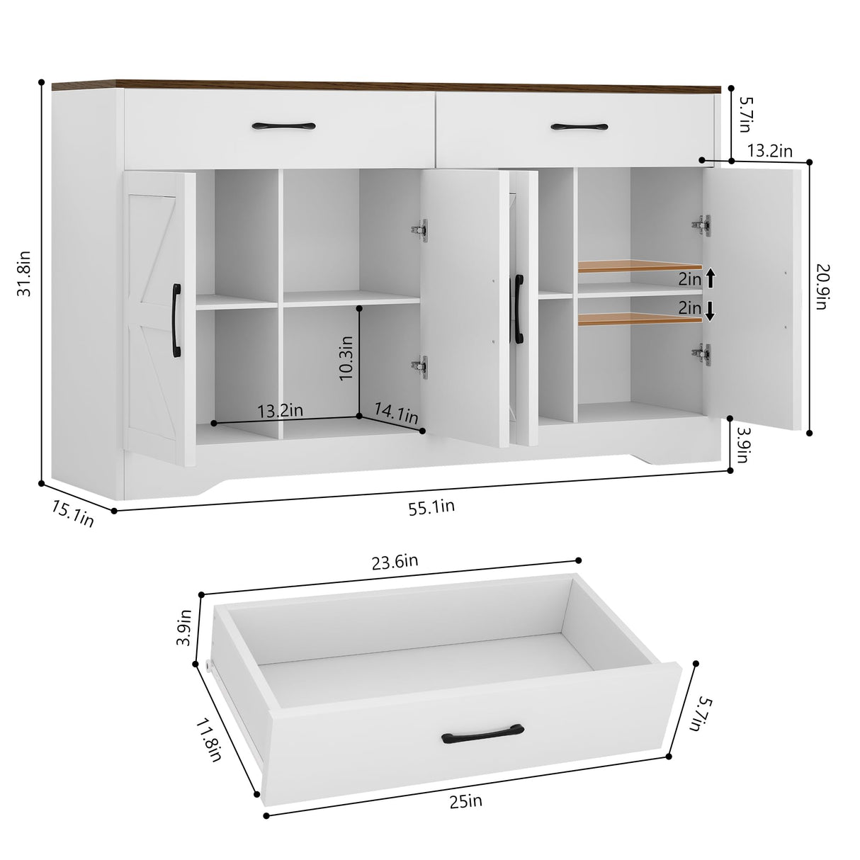 55" Sideboard Buffet Cabinet with Storage, Large Kitchen Storage Sideboard with Drawers & Doors, Modern Wood Farmhouse Coffee Bar Cabinet, Buffet Table for Kitchen, Dining Room, Living Room, White GRUSIGN