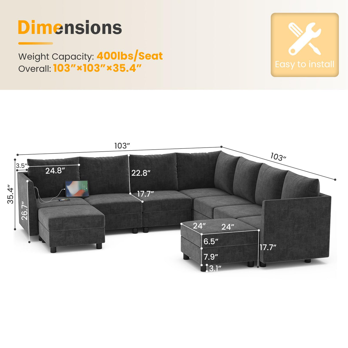 Apicizon Modular Sectional Couch, 9 Seats U Shaped Couch with Storage, Modern Chenille Sofa Set with USB Charging Ports, Comfy Couches with Chaise for Living Room, Office, Dark Grey Apicizon