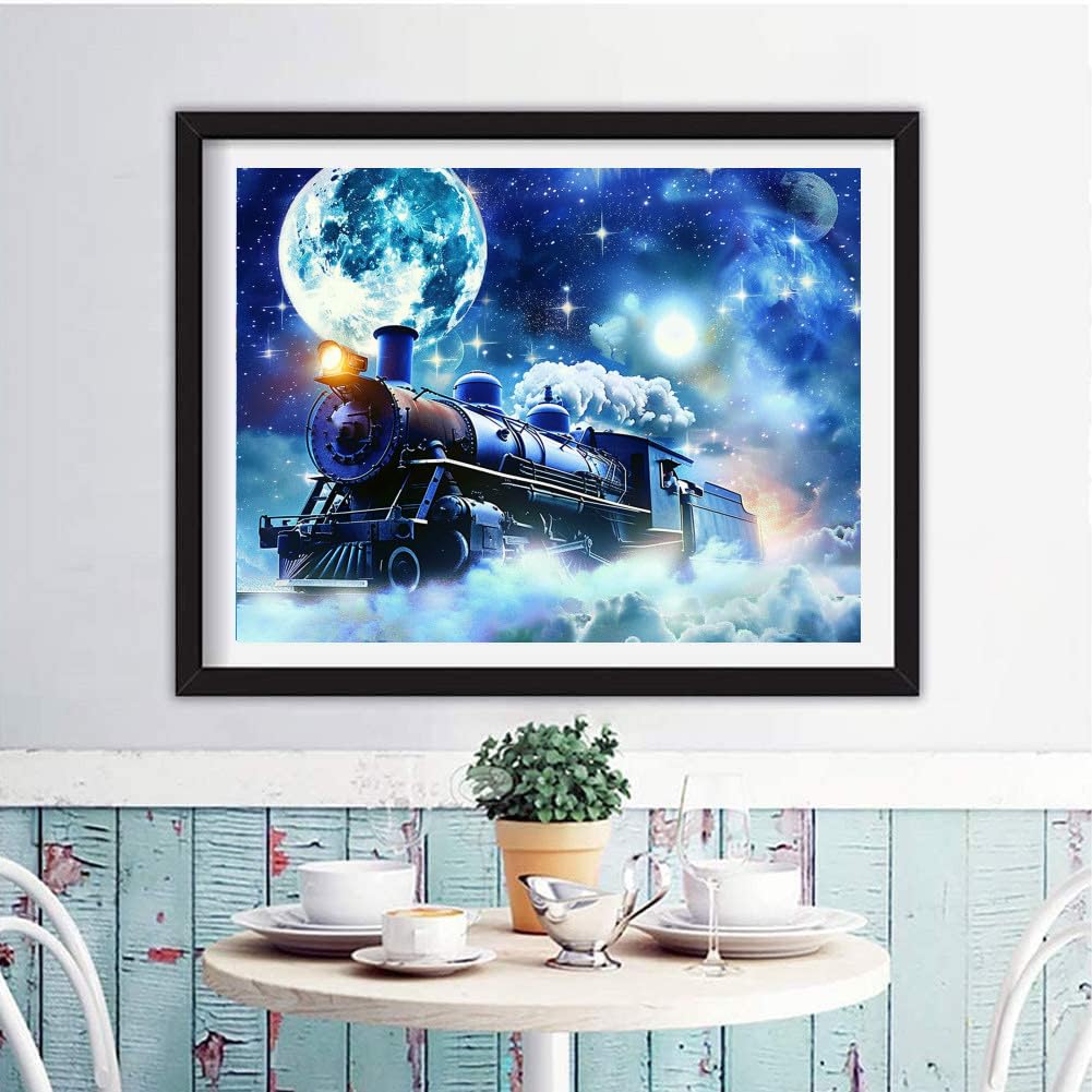 pigpigboss Moon Train Diamond Painting Kits, 5D Full Drill Big Moon and Train Diamond Art for Adult Beginner Home Office Wall Decor (15.7 x 11.8 inches) pigpigboss