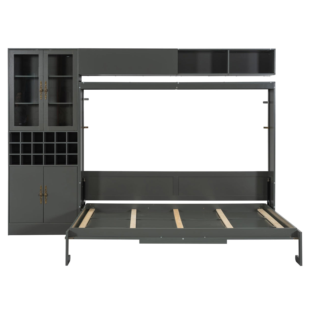 Merax Queen Size Murphy Bed Wall Bed with Sofa, Shelves, USB & Light - Space Saving Foldable Bed for Small Apartments, Grey Merax