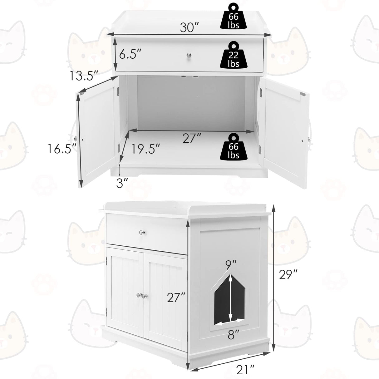 PETSITE Cat Litter Box Enclosure, Large Cat Washroom End Table with Drawer & 2 Doors, Wooden Cat House Storage Cabinet, Hidden Litter Box Furniture, White PETSITE
