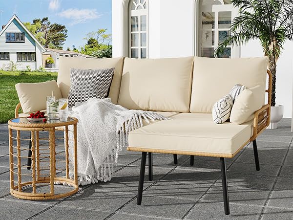 IDEALHOUSE 3-Piece Patio Furniture Set, All Weather Rattan Sofa with Tempered Glass Coffee Table and Thick Cushions, Sectional L-Shaped Patio Furniture for Deck, Poolside, Backyard, or Porch, Beige IDEALHOUSE