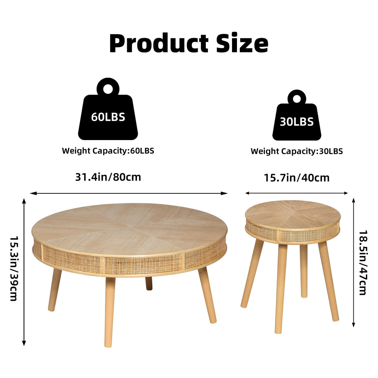 RUSTOWN 2-Piece Farmhouse Coffee Table, Modern Rustic Sofa Side Tea Tables, Solid Wood Finish with Crafted Rattan Side and End Table Sets for Living Room (Natural) RUSTOWN