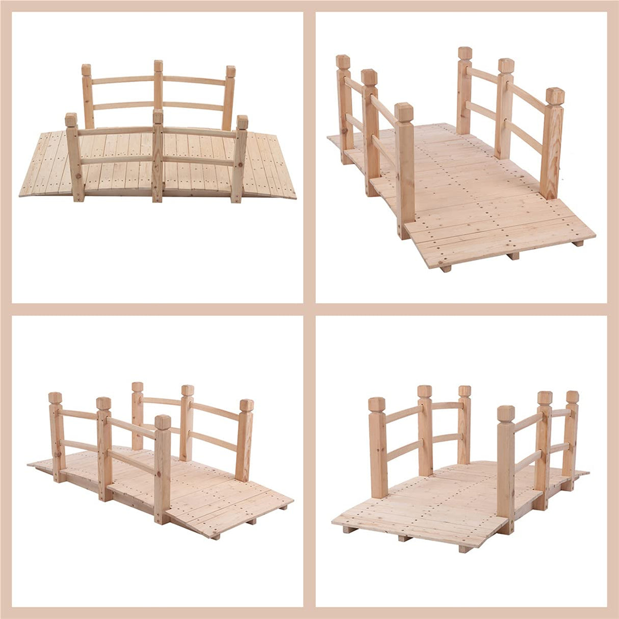 Koopee LEEXCCOS Higher Quality & Stronger Wooden Garden Bridge for Outdoors 5ft, More Durable Landscape Arch with Safety Railsm, 500lbs Capacity Decorative Pond Bridge (Natural Wood) Koopee