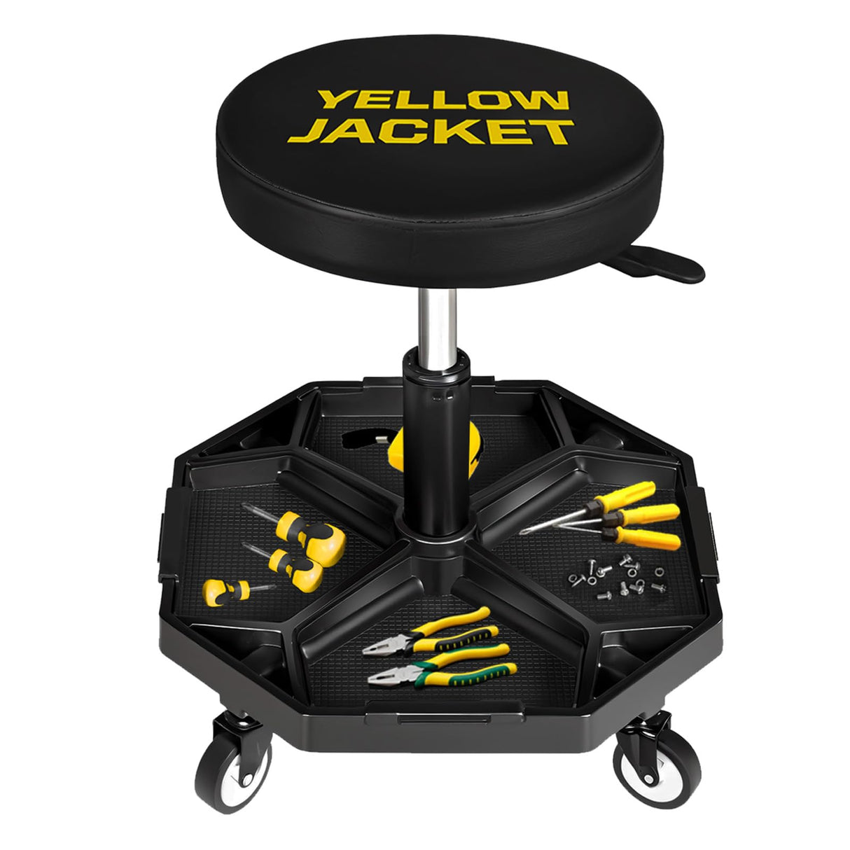YELLOW JACKET Rolling Garage Seat Adjustable Pneumatic Shop Creeper Seat 300Lbs Mechanic Stool with Wheels and Removable Tool Tray Storage Workshop Chair for Auto Repair YELLOW JACKET