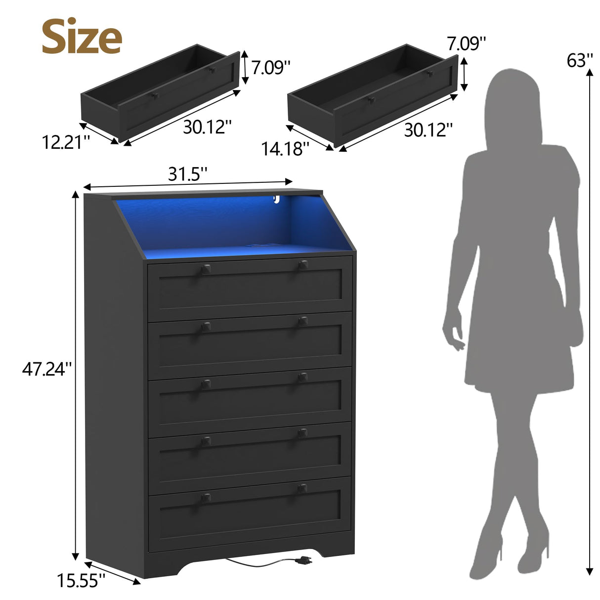 BORNOON 5 Drawer Tall Dresser with LED Lights & Charging Station, Modern Wood Chest of Drawers for Bedroom, Storage Dresser with Metal Handles & Anti-Tip Kit for Closet, Living Room, Entryway BORNOON