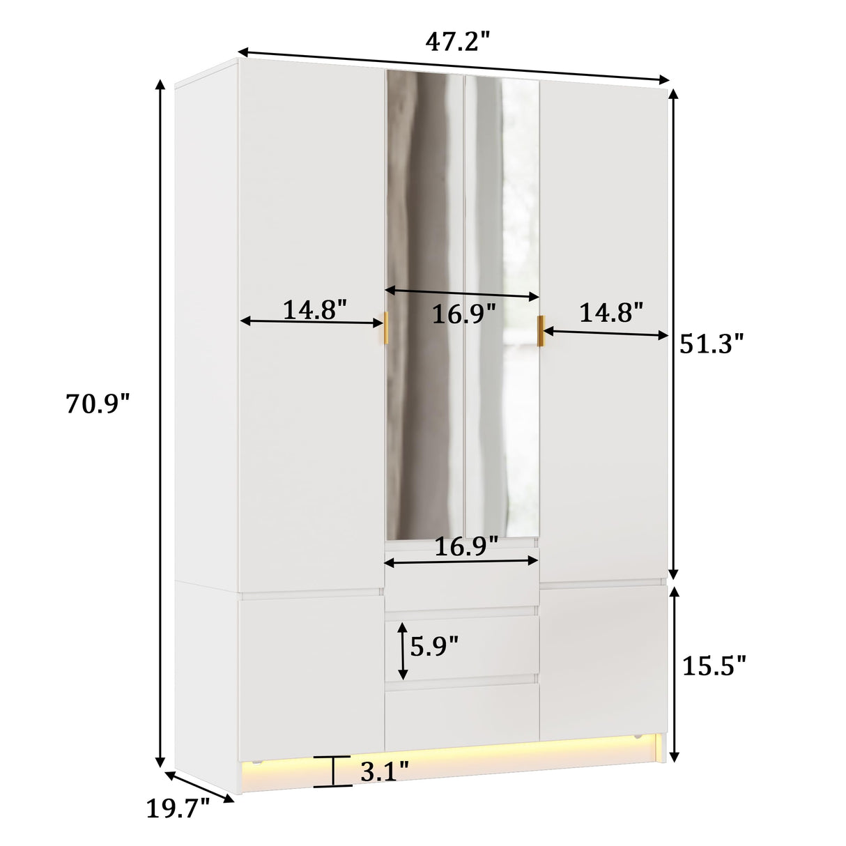 PAKASEPT 4 Doors Armoire Wardrobe Closet with Led Light & Mirror, Bedroom Large Capacity Freestanding Armoire Wardrobe with Drawers, Storage Cabinet with Hanging Rod Storage Closet for Bedroom PAKASEPT