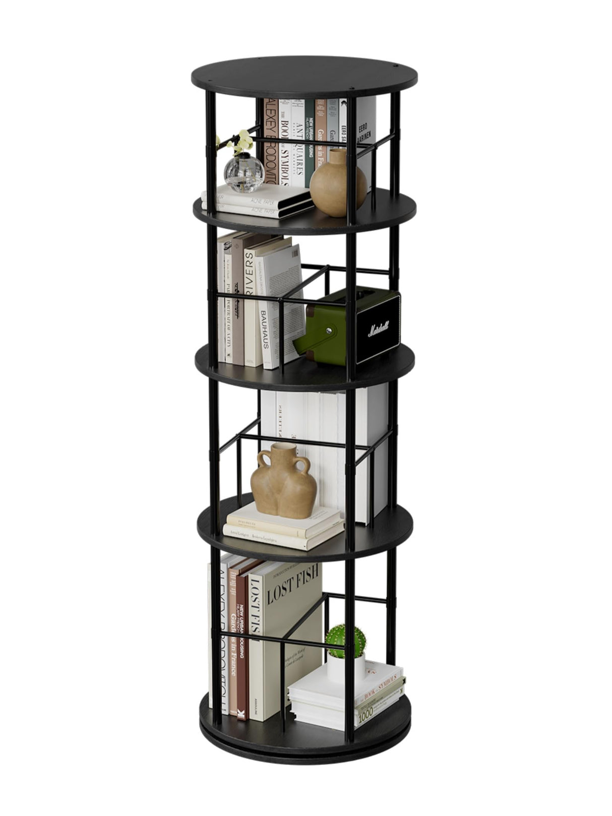 Rotating Bookshelf Tower, 4 Tier Corner Bookshelf for Small Space, 360 Display Spinning Bookcase, Floor Standing Book Shelves Storage Rack Narrow Round Book Shelf Organizer for Bedroom, Living Room Turosur