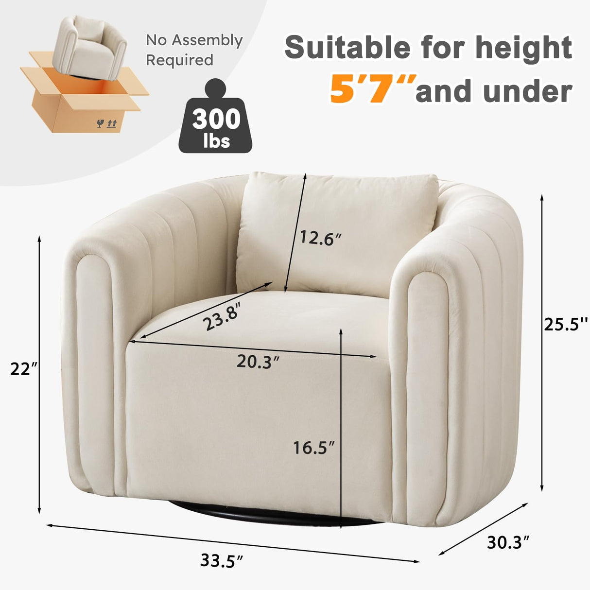 ANJ Swivel Barrel Chair Set of 2 with Plump Pillow, Modern Channel Dutch Velvet Accent Chair, Comfy Round Armchair, Swivel Accent Chair for Nursery Living Room Bedroom (Beige) ANJ