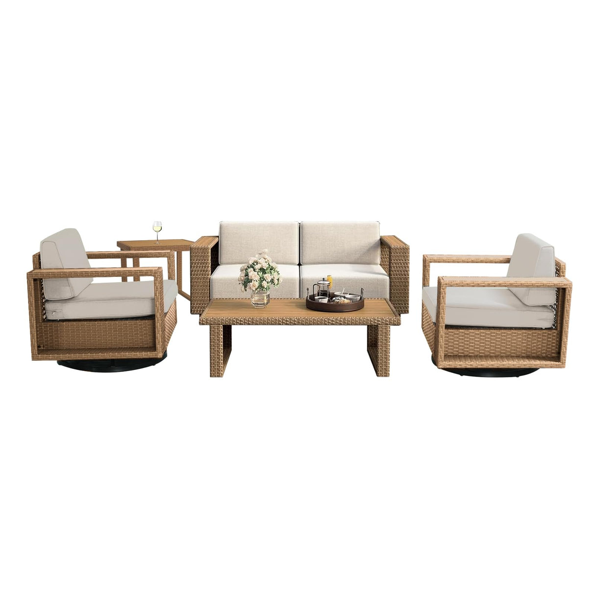 XTWEEX 6-Piece Outdoor Patio Furniture Set, Rocker Chairs and Sofa with Thick Cushions and Steel Frame and Wooden Board, PE Rattan Weaving Outdoor Conversation Set Brown/Light Gray Linen XTWEEX