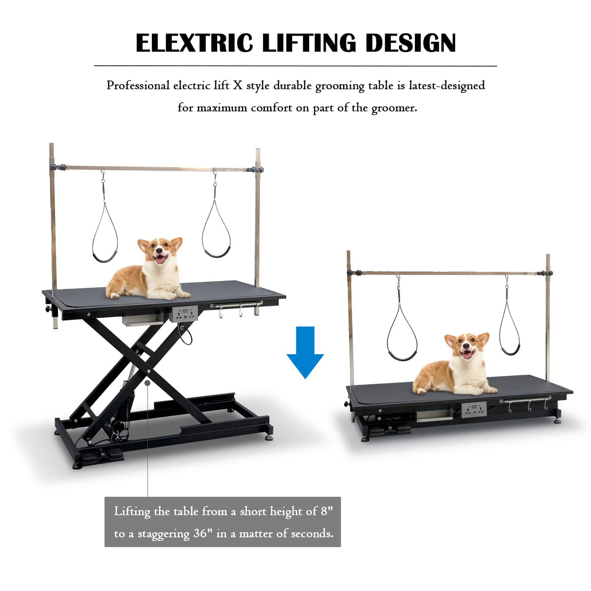 SoarFlash 49.6” Electric Lift Pet Dog Grooming Table,Heavy Duty Electric Grooming Table for Dogs&Cats,Heavy Duty Height Adjustable with Overhead Arm, Clamps, Two Grooming Noose SoarFlash