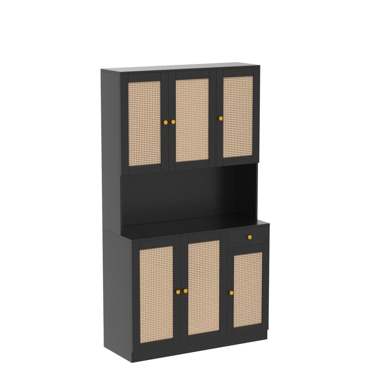 Modern Black Rattan Freestanding Kitchen Pantry Cabinet with 6 Doors & Drawer wirrytor
