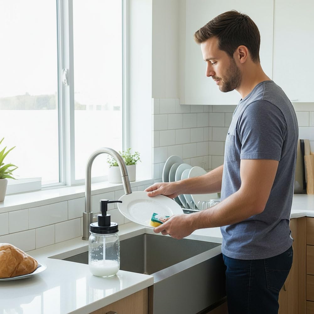 Onsogi Regular Mouth Plastic Mason Jar Soap Dispenser Pumps and Lids- Rust-Proof Mason Jar Accessories Rustic Farmhouse Kitchen Counter Top Bathroom Decor and Organization - 4 Pack onsogi