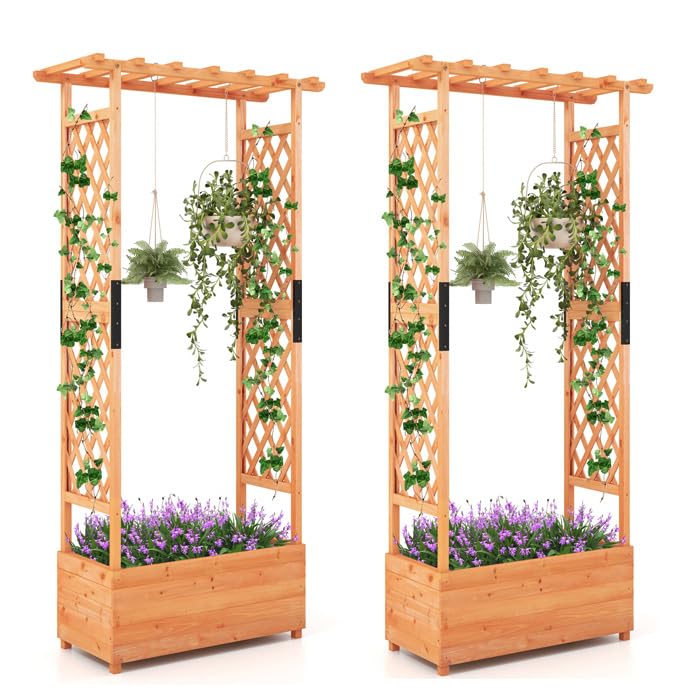 HAPPYGRILL 72" Raised Garden Bed with Trellis, 2 Pack Freestanding Wood Planter Box w/Hanging Roof & 2 Drainage Holes for Vine Climbing Plants Flowers, Outdoor Planter w/Trellis for Garden Patio HAPPYGRILL
