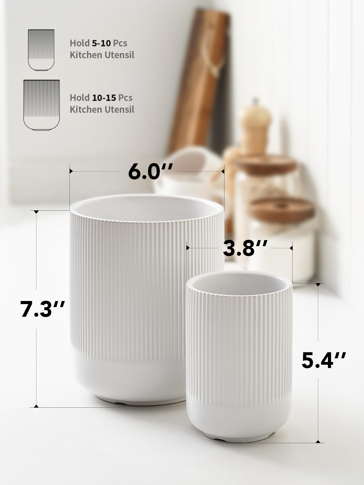 LE TAUCI Utensil Holder, 7.3"+5.4" Ceramic Kitchen Utensil Holder for Countertop, Large Cooking Utensil Crocks for Kitchen Counter, Morden Utensil Organizer for Spatula, Kitchen Decor, Set of 2, White LE TAUCI
