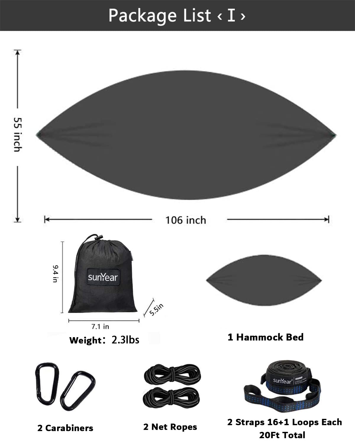 Sunyear Hammock Camping with Rain Fly Tarp and Net, Portable Camping Hammock Double Tree Hammock Outdoor Indoor Backpacking Travel & Survival, 2 Tree Straps,100% Waterproof Black Bundle Sunyear